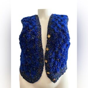 Vintage Crocheted Blue & Gold Faux Fur Vest